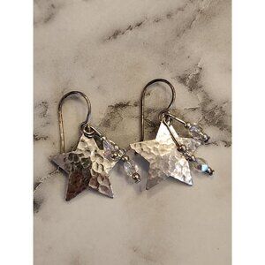 Vintage Hammered Silver Tone Star Dangle Earrings With Crystal Accents